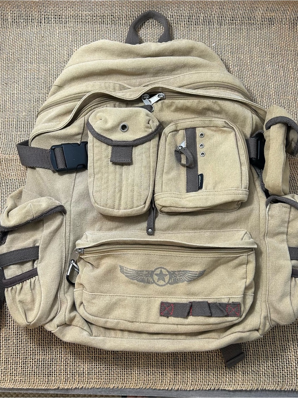 Military Canvas Ruck Backpack Multiple Pockets Adjustable Straps Tan Detachable